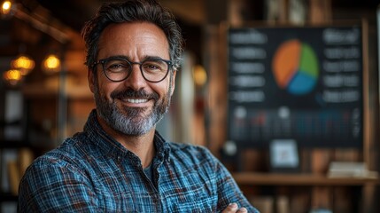 Fototapeta premium Smiling professional man in a cozy office environment with charts on display, warmly engaging with the camera during a workday