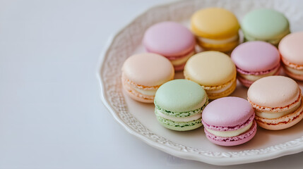 Obraz premium Artistic Close-Up of Delicate Macarons in Various Pastel Colors Arranged on a Porcelain Plate, Showcasing Elegant Dessert Presentation with Soft Hues and Refined Details