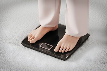 Fototapeta premium Feet on digital scale reading 00, light colored carpet, emphasis on weight measurement
