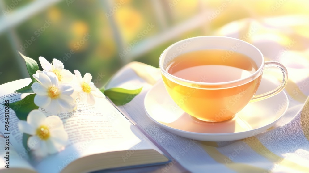 Poster A cup of tea on a table next to an open book, AI