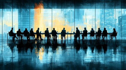Business meeting at a modern high-rise building with city skyline views during sunset, featuring silhouettes of participants
