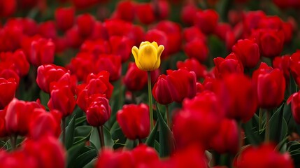 Obraz premium A single yellow tulip blooms in a field of red tulips.