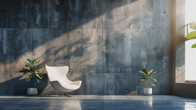 A modern minimalist interior featuring a sleek white chair against a textured concrete wall, complemented by potted plants. The soft sunlight creates gentle shadows, enhancing the clean and calming ae