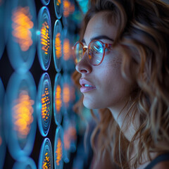 a young businesss woman closeup looking at a computer screen with crypto icons. 2