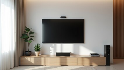 Hightech living room with smart devices and sleek design featuring a large screen TV Modern minimalist style captured in high resolution