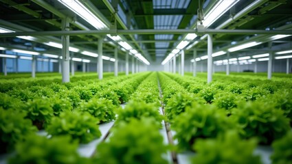 Vibrant hydroponic farm with vertical plant shelves under bright LED grow lights modern and sustainable agriculture concept