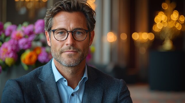 A confident man with glasses poses for a portrait amidst vibrant floral arrangements in an elegant indoor setting