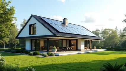 Obraz premium Modern sustainable house with solar panels on roof surrounded by lush green lawn High resolution image capturing ecofriendly living concept