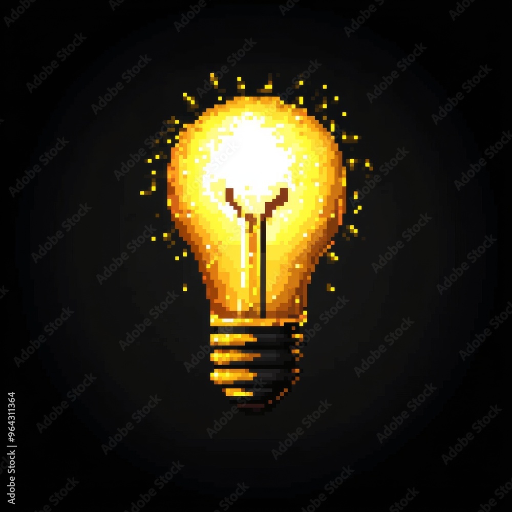 Poster Pixel Art 8-Bit Light Bulb Icon - Idea and Solution Concept