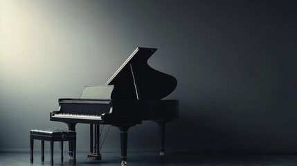 Realistic black grand piano, stool. Classical keyboard musical instrument. Color horizontal banner with place for text. Concert announcement. Advertisement of piano lessons.