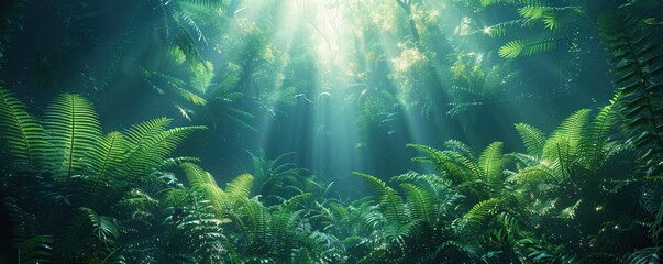 Obraz premium Lush Green Rainforest Canopy with Sun Rays Piercing Through