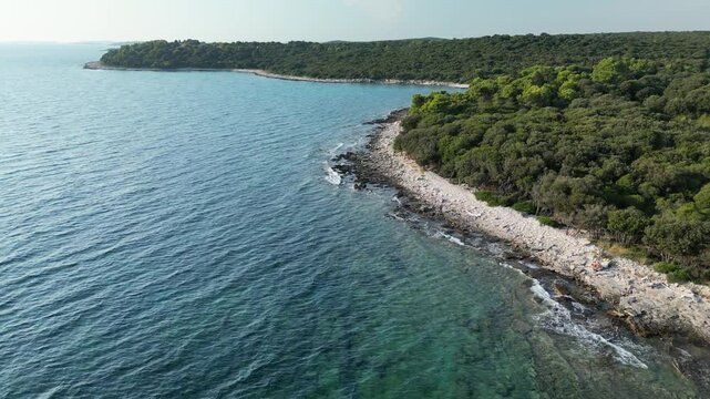 Croatia, Istria, Pula, aerial view to coastline with boats and seaground