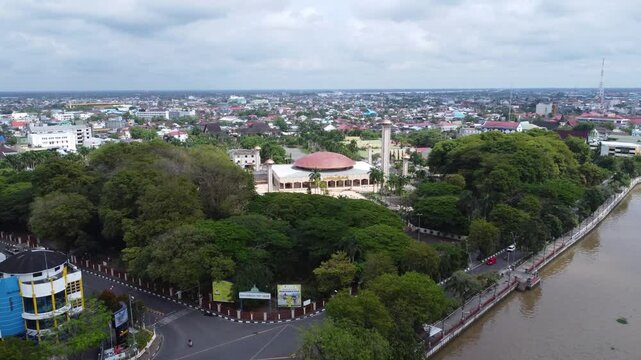 Aerial view of the largest mosque in Banjarmasin, South Kalimantan, Sabilal Muhtadin Mosque