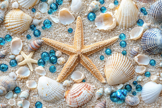 Composici&oacute;n decorativa representando una estrella de mar en el centro, junto a conchas, almejas y pelas azules de diferentes tama&ntilde;os, sobre fondo de arena de playa dorada  