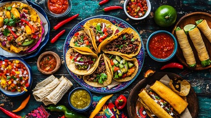 A vibrant spread of Mexican street food, including tacos, tamales, and churros, placed on a table decorated with chili peppers and small pots of salsa