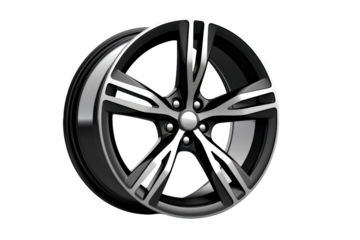 This striking black alloy wheel features an intricate design, showcasing the balance of style and functionality for modern vehicles ready for an adventure.