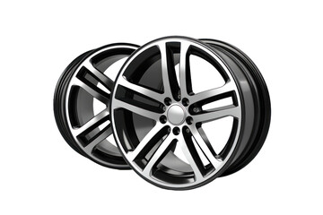 Obraz premium Two stylish alloy wheels gleam with polished finish and intricate spokes, poised for installation on sports cars, enhancing their aesthetic appeal and performance.