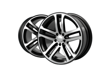 Two stylish alloy wheels gleam with polished finish and intricate spokes, poised for installation on sports cars, enhancing their aesthetic appeal and performance.