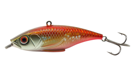 A striking fishing lure with bright colors and intricate details rests on a smooth surface, reflecting sunlight and waiting for an angler's next fishing trip.