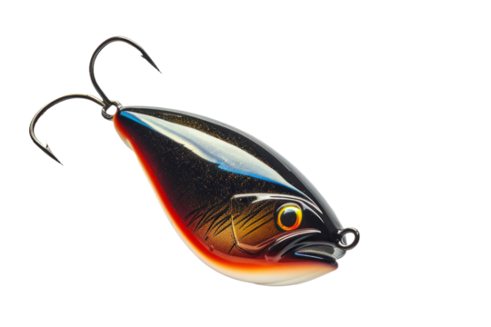 A colorful, intricately designed fishing lure sparkles under the soft light, captivating the attention of fishermen eager for a successful catch at dawn.