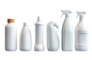 Various white cleaning bottles are artfully displayed in a straight line, highlighting their unique designs against a clean, bright background, evoking a sense of order.
