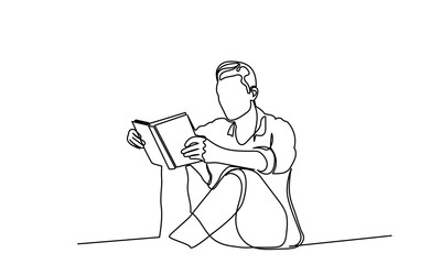 Obraz premium Continuous line drawing of a sitting man reading a magazine or book. Single-line young men reading life improve the book. The concept of study, thinking, finding new ideas, learning, and education. 