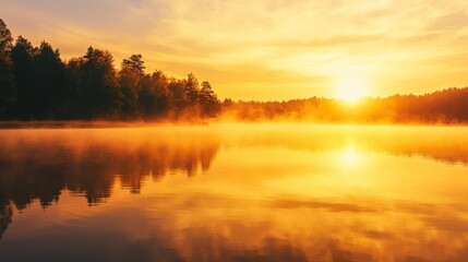 Golden Sunrise Over a Misty Lake