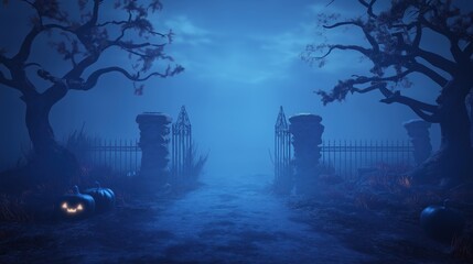 Eerie Halloween gate scene with glowing pumpkins, misty night atmosphere, and leafless trees creating a spooky, mysterious ambiance
