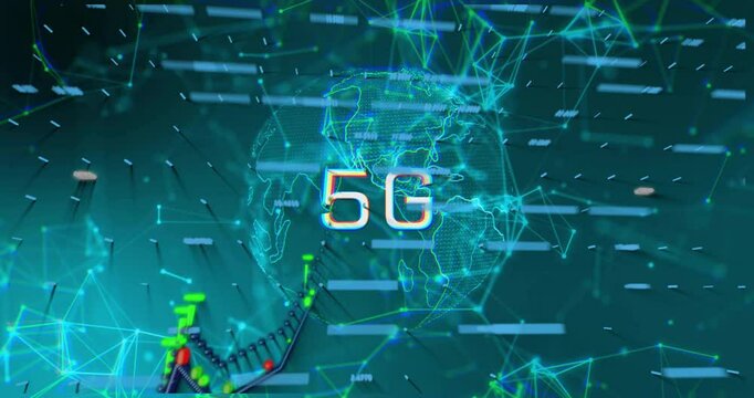 Animation of 5g text, digital data processing over globe - Powered by Adobe