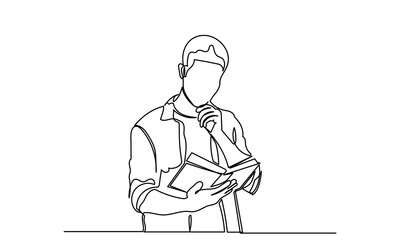 Continuous line drawing of a standing man reading a magazine or book. Single-line young men reading life improve the book. The concept of study, thinking, finding new ideas, learning, and education.
