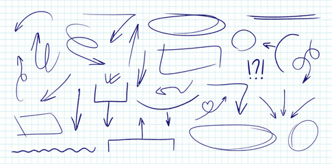 Big set of hand drawn arrows, frames, ovals and brackets. Vector collection of design elements.