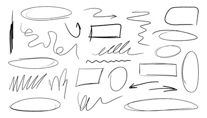 Hand drawn arrows, frames, ovals and scribbles isolated on white background. Big vector collection of design elements with arrows, ovals, frames.