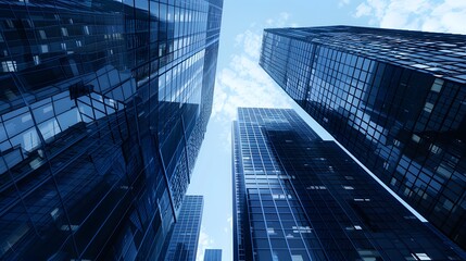 A Low Angle View of Skyscrapers Against a Blue Sky