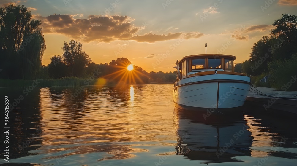 Wall mural Boat docked at shore during a sunset on river image