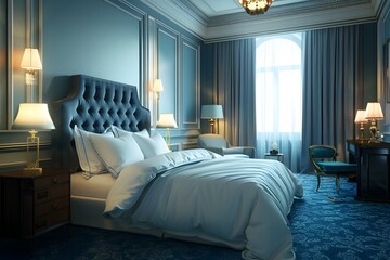 Elegant Blue and White Bedroom Interior
