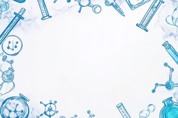 Blank white page surrounded by blue scientific doodles including flasks, molecules, and syringes creating a creative science concept