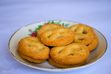 Danish butter cookies, Close up of butter cookies coated with white sugar, sweet cookies