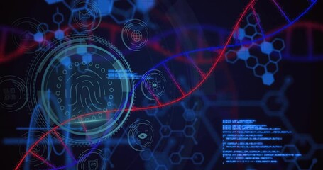 Animation of dna strand, data processing over biometric fingerprint - Powered by Adobe