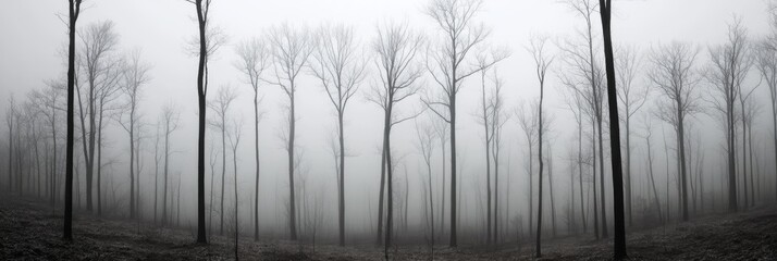 A thick fog blankets a quiet forest filled with tall, leafless trees, creating a serene and mysterious atmosphere