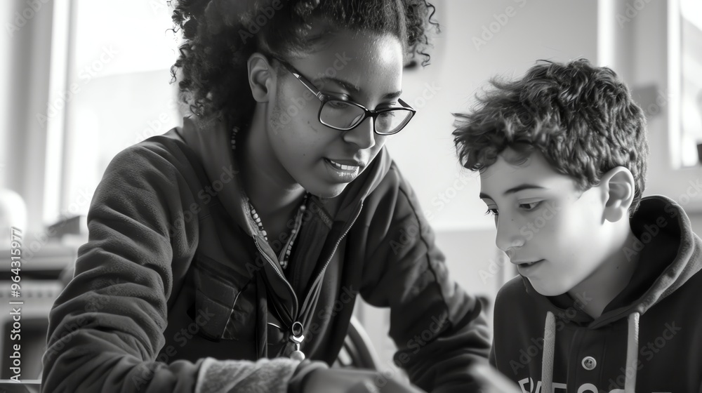 Wall mural a young woman wearing glasses helps a boy with his schoolwork.