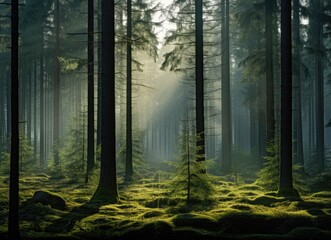 Fototapeta premium Pine forest in the morning in the European Alps
