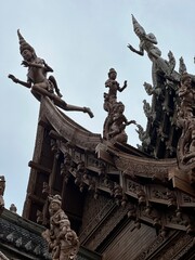 Pattaya Sanctuary of Truth wooden temple, museum, Thailand with wooden engravings, Thailand