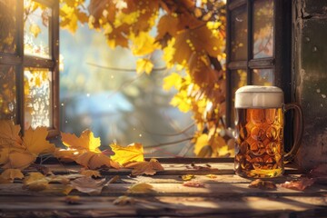 One mugs of beer are on a wooden table with autumn leaves scattered around them. Scene is relaxed and festive, as it captures a moment of enjoying a cold drink on a beautiful autumn day