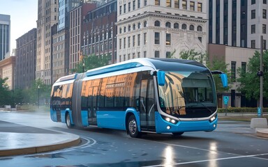 Obraz premium Modern Eco-Friendly Hydrogen Fuel Cell Bus in Cityscape Emitting Water Vapor