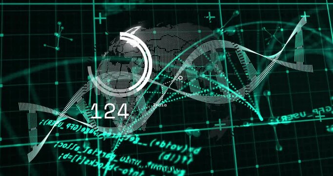 Animation of dna strand, data processing over scope scanning on black background - Powered by Adobe