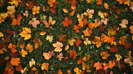 Fototapeta premium Seamless patterns of grass, fallen autumn leaves, lush lawn, meadow, and fall foliage seen from above. 3D textured backgrounds of nature surfaces for use in graphic user interfaces and vector layers.