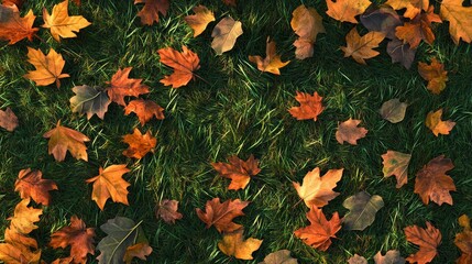 Seamless patterns of grass, fallen autumn leaves, lush lawn, meadow, and fall foliage seen from above. 3D textured backgrounds of nature surfaces for use in graphic user interfaces and vector layers.
