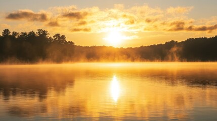 Fototapeta premium Golden Sunrise over Misty Lake
