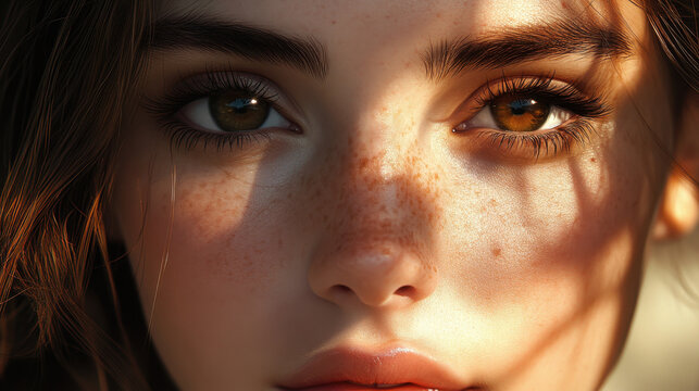 Close-up portrait of a woman with freckles and sunlight casting shadows across her face, highlighting her eyes and natural beauty.