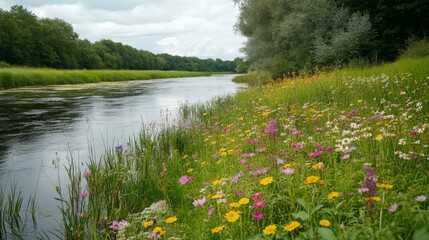 a riverbank with colorful wildflowers and lush green grass